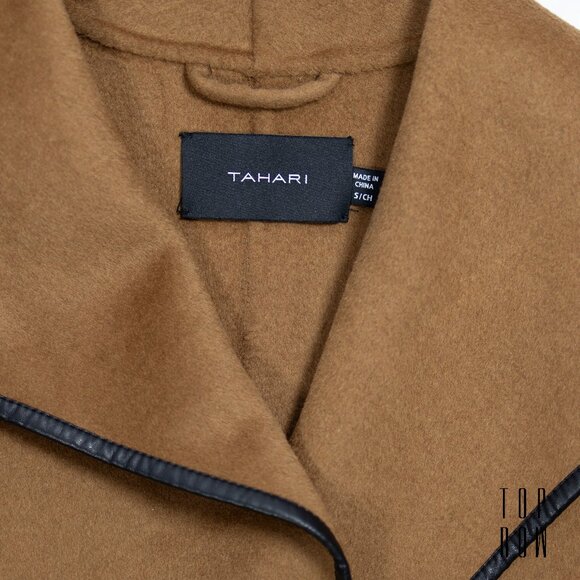 Tahari Women's Black Juliette Double Face Wool Belted Coat with Faux Leather - Picture 6 of 12